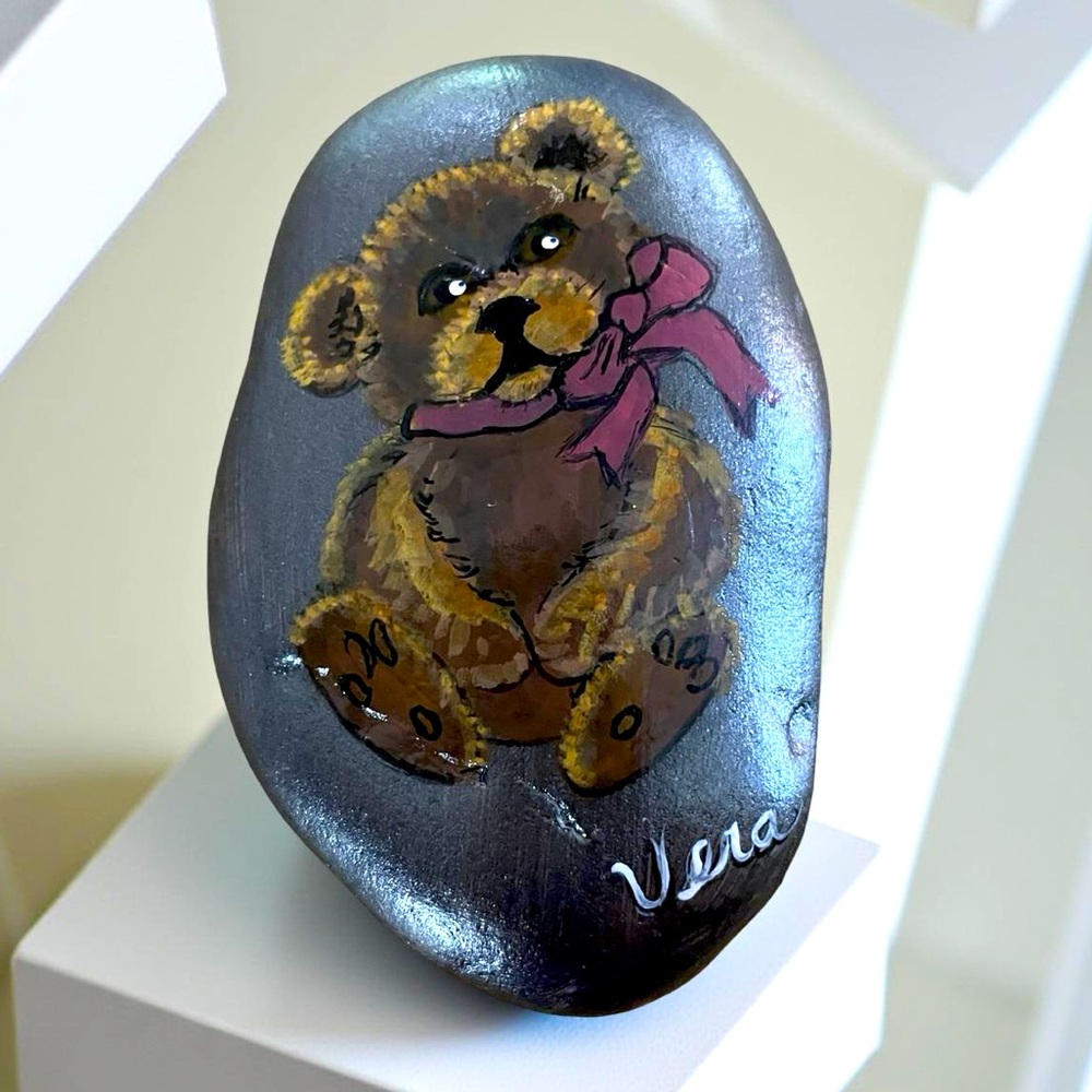 Hand crafted painted fluffy brown Teddy Bear rock sitting black stone red bow
